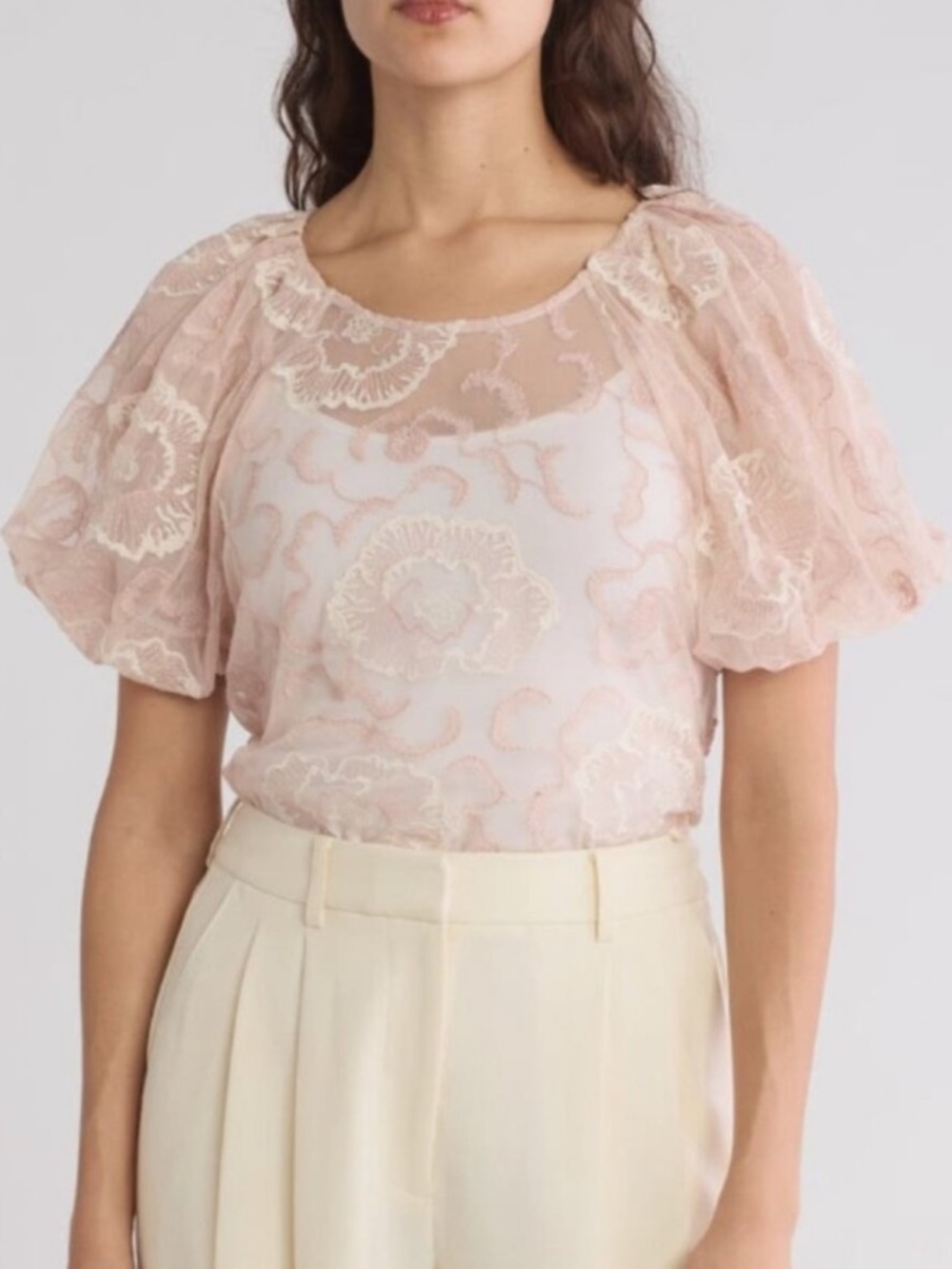 Laundry By Shelli Segal Blush Pink Sheer Floral Puff-Sleeve Blouse